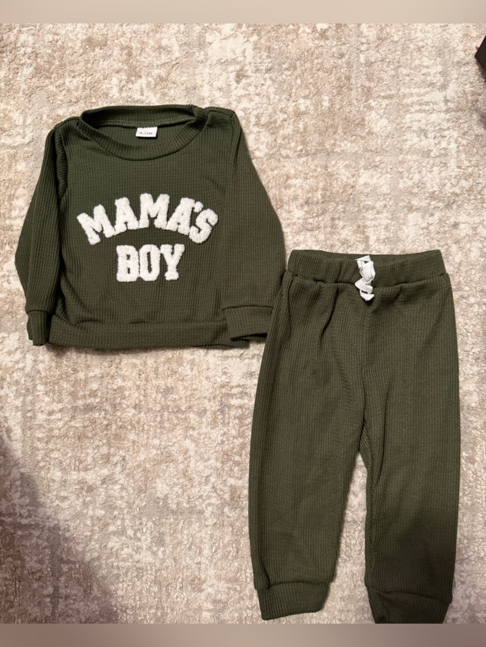 Kids Olive 'Mama's Boy' Matching Set - Cozy Thermal Top & Joggers size 9/12M